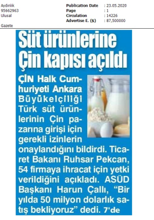 Süt Ürünleri İhracatı Çin'e Açıldı.