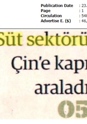 Süt Sektörü Çin'e Kapı Araladı.