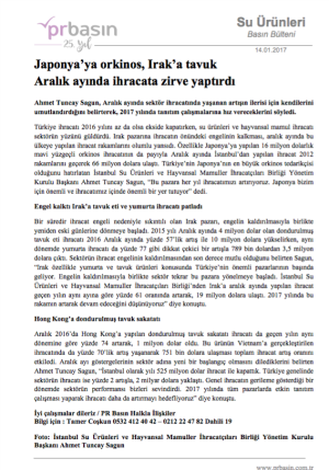 Japonya’ya Orkinos, Irak’a Tavuk Aralık Ayında İhracata Zirve Yaptırdı