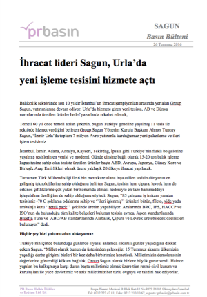 İhracat lideri Sagun, Urla’da  yeni işleme tesisini hizmete açtı